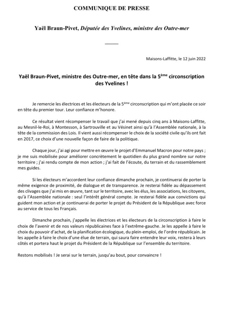 YaelBRAUNPIVET's tweet photo. Je remercie les électeurs de la 5ème circonscription qui m’ont placée ce soir en tête du premier tour. Leur confiance m’oblige.

Je reste mobilisée #AvecVous pour convaincre dans toute la circonscription et rassembler autour du projet porté par le Président de la République. https://t.co/4oWBSOGrdO