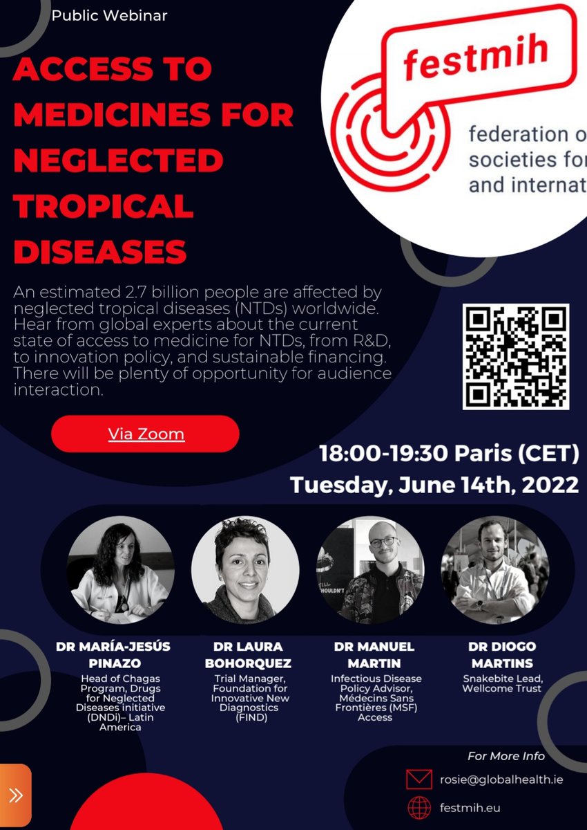 Public webinar: 
Access to medicines for Neglected Tropical Diseases
18:00-19:30 Paris/Berlin (CET)
Tuesday, June 14th, 2022
festmih.eu/event/access-t…
#NTD #FESTMIH