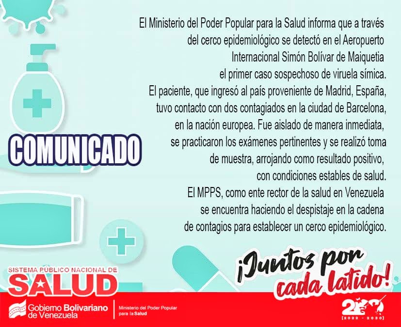 NEORAM27's tweet photo. 🚨 ATENCIÓN: La Viruela del mono llegó a Venezuela. 🇻🇪 

Se acaba de detectar primer caso en Maiquetía. 👀

#Venezuela #Caracas #ViruelaDelMono #ViruelaSímica https://t.co/Ylm9KJV9oD