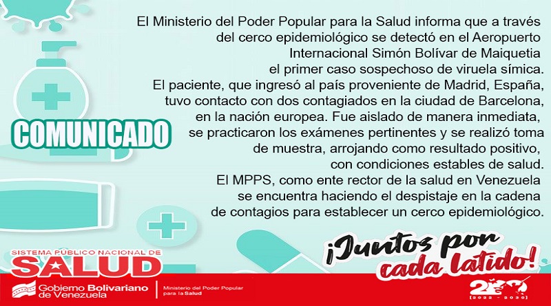 VTVcanal8's tweet photo. COMUNICADO: MinSalud detecta primer caso de «Viruela Símica» procedente de España

#IránYVenezuelaOtroNivel 

https://t.co/H4kfqMmONP https://t.co/2ljbXyfySt