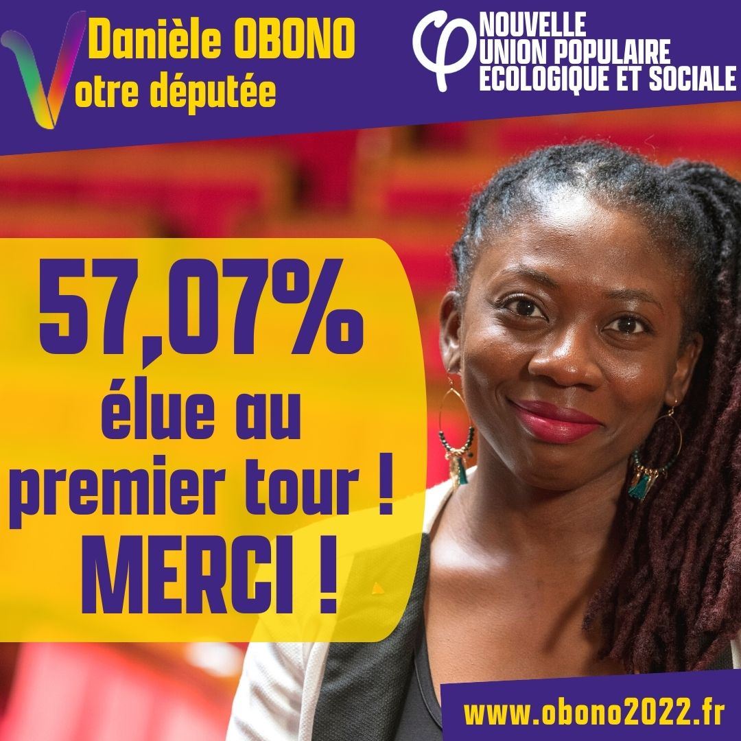 MERCI aux 57,07% des électeur·trices de la #circo7517 qui ont voté pour nous, @michelmongkhoy et moi mais aussi la nouvelle #UnionPopulaire #Nupes ! Merci à ma super équipe de campagne. Émue et fière d'être élue dès le 1er tour. Dimanche prochain on envoie #MelenchonAMatignon !✌🏾