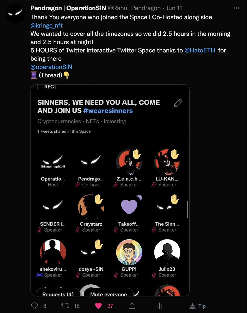 Rahul_Pendragon's tweet photo. @NFTLlama Active 24/7 and Hosting 6 hour Spaces everyday not for Vigilante spot but for a follow back! Love what @operationSIN is growing to be! https://t.co/1tIxoLCuLg