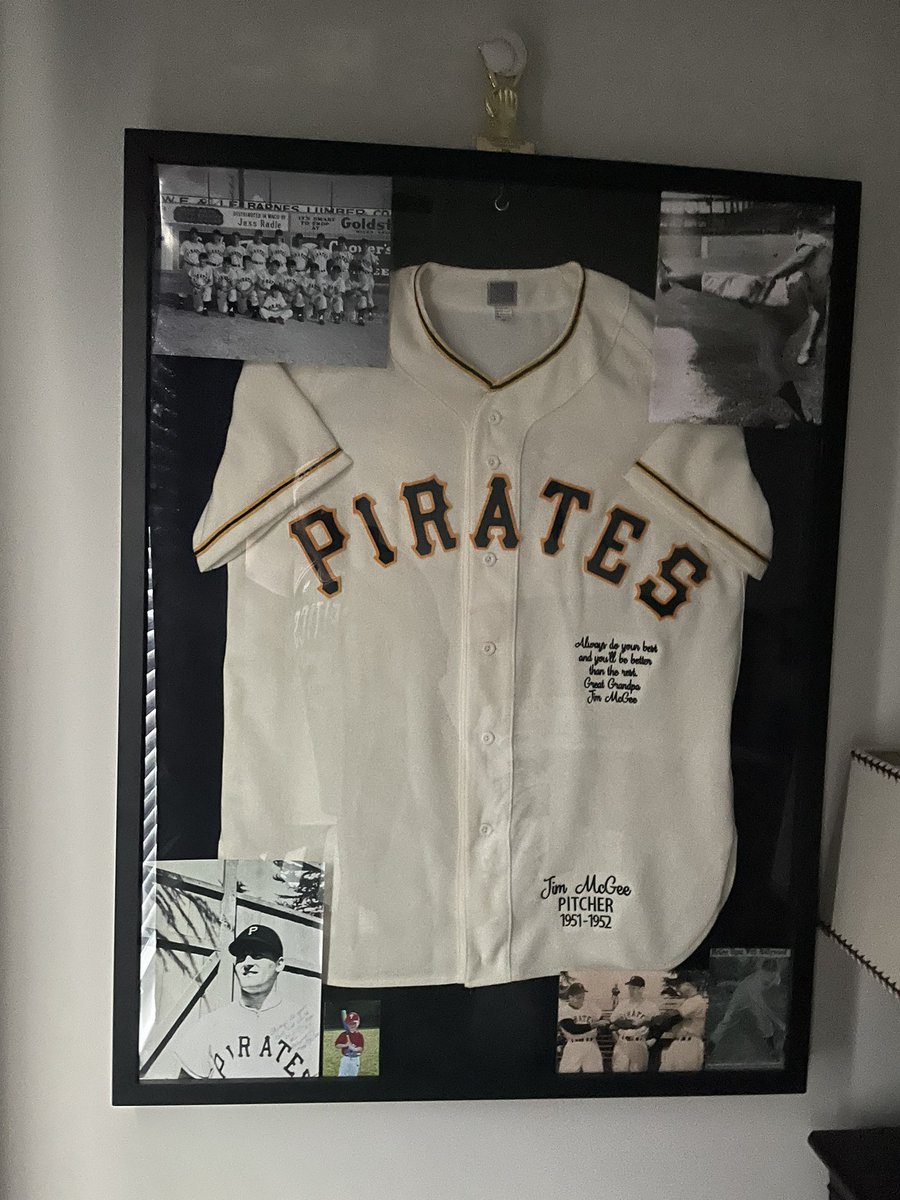NathanSoltis2's tweet photo. @EbbetsVintage Thank You Ebbets for the custom Waco Pirates 1951-9152 version. It took me awhile, but it’s hanging up in my sons room now. He gets to look at his Great Grandpa’s jersey every night with his Little League picture and trophy. Appreciate the craftsmanship! https://t.co/mXewy1QGxM