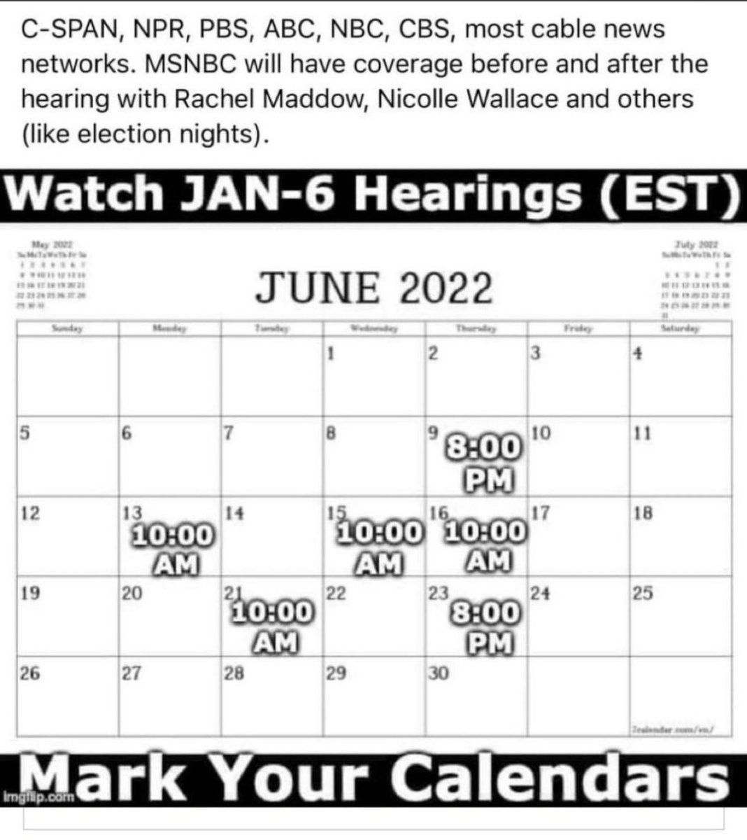 Jenna_OrangeCo's tweet photo. @claudiforniaaa @MikeSington Schedule for the #Jan6thCommitte Hearings: https://t.co/i3c9HsrbUQ