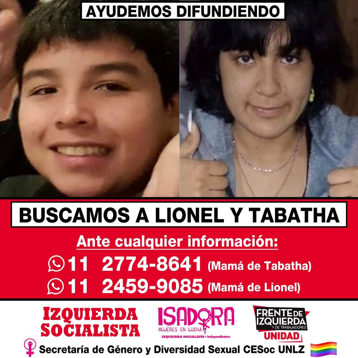 Difundir. Por favor.
No se sabe nada de los chicos de 13 años, la última vez que los vieron  fue el jueves 9, nunca llegaron a la escuela.
Acompañamos y nos solidarizamos con los familiares y vecinos en su búsqueda.