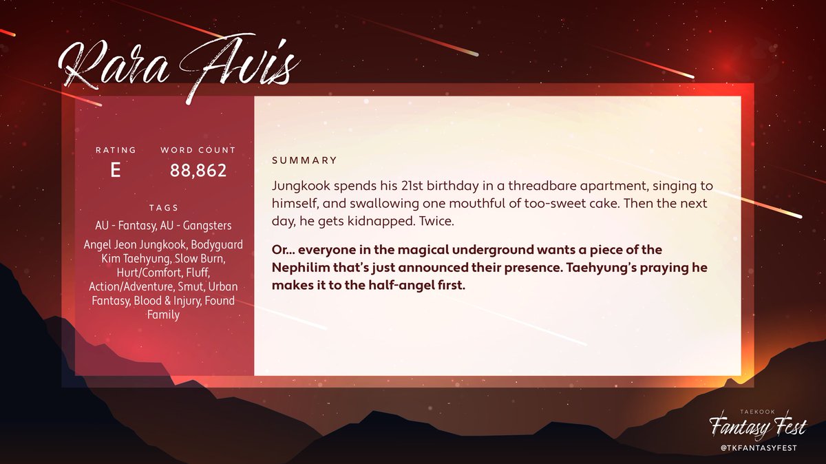 tkfantasyfest's tweet photo. ✨Rara Avis
✨E, 88.8k
✨Hurt/Comfort, Urban Fantasy, Bodyguard AU

https://t.co/QDL5qJocAd https://t.co/LOgE9Rd8Ml