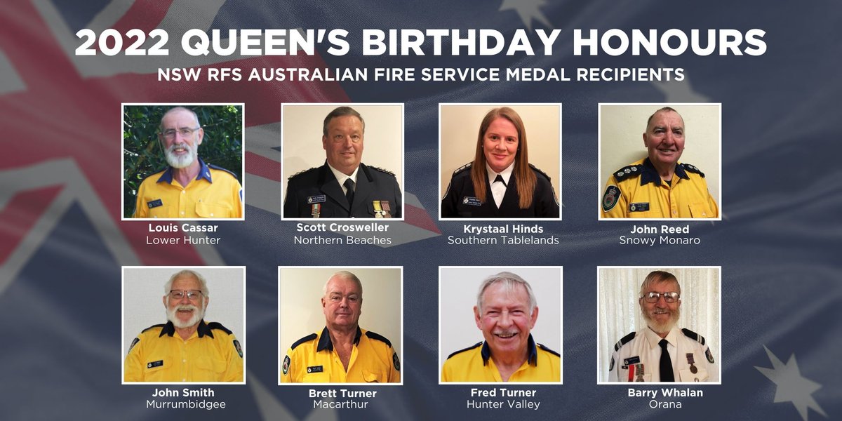 Congratulations to the eight NSW Rural Fire Service members receiving the Australian Fire Service Medals (AFSM) in the 2022 Queen's Birthday Honour list. You can read more about our AFSM recipients here: rfs.nsw.gov.au/news-and-media… #nswrfs