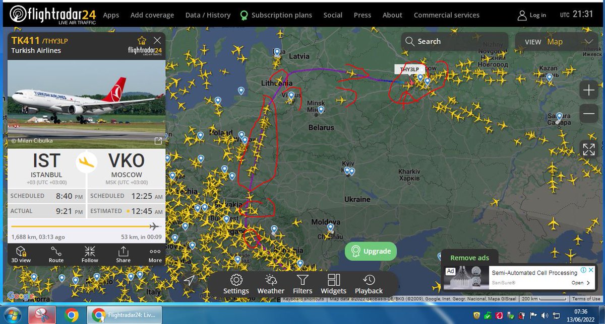 tony_samm's tweet photo. @lesiavasylenko @lesiavasylenko highlight &amp; question why @NATO member #Turkey hasn't stopped flying to #Russia #PutinHitler 

Just today, in 1 screenshot, 16 flights flying to #RussianTerroristState...&amp; @RTErdogan calls #Sweden #Finland supporters of Terror?

@James_Mc666 yes!?

#TraitorTurkey https://t.co/vkpTee0wFZ