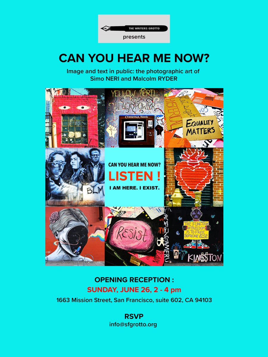 sfgrotto's tweet photo. #BayArea Have you marked your calendars for Sunday June 26th? We're honored and beyond excited to host an evening reception to launch an in-office exhibit of CAN YOU HEAR ME NOW? featuring stunning photographic art from Simo Neri and Malcolm Ryder. Join us. https://t.co/bKoBT7huEX