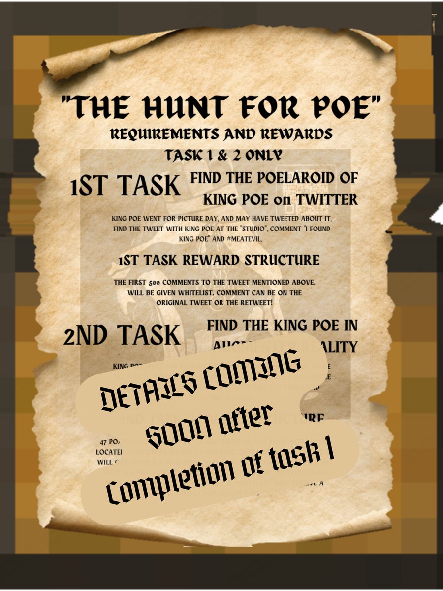 Tater_Poutine's tweet photo. #meatevil #1st2know #NFT
FIND THE POE @ THE STUDIO
FOR #PICTUREDAY #LFG
✅️COMMENT "I FOUND POE"
✅️LIKE THE POST
✅️@ MYSELF in your comment
✅️Follow @Steakntatersnft
First 500 Get #whitelist FOR
THE KINGDOM OF POE
#ACCESSPasses
#hint it's a @Twitter based search FOR Poe https://t.co/aXrUO56Mqa