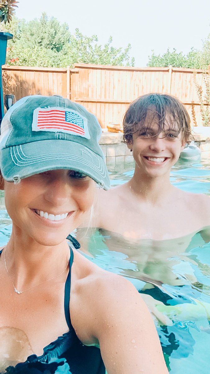 AmandaNall's tweet photo. A super hot Sunday in the pool with the 14yo who now needs pic approval before I can post him. https://t.co/9aunFD4NLx
