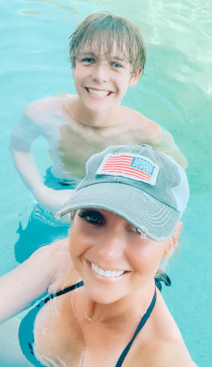AmandaNall's tweet photo. A super hot Sunday in the pool with the 14yo who now needs pic approval before I can post him. https://t.co/9aunFD4NLx