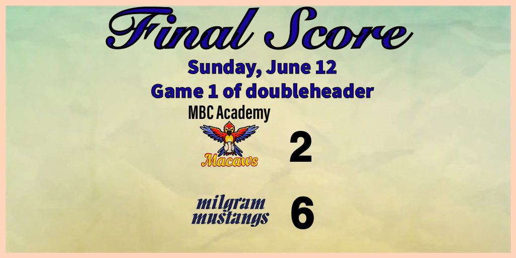 Final

Milgram Mustangs 2B Peyton Lewis (Baker University) went 3 for 3 with 2 runs scored.
Recap: gc.com/game-626809013…