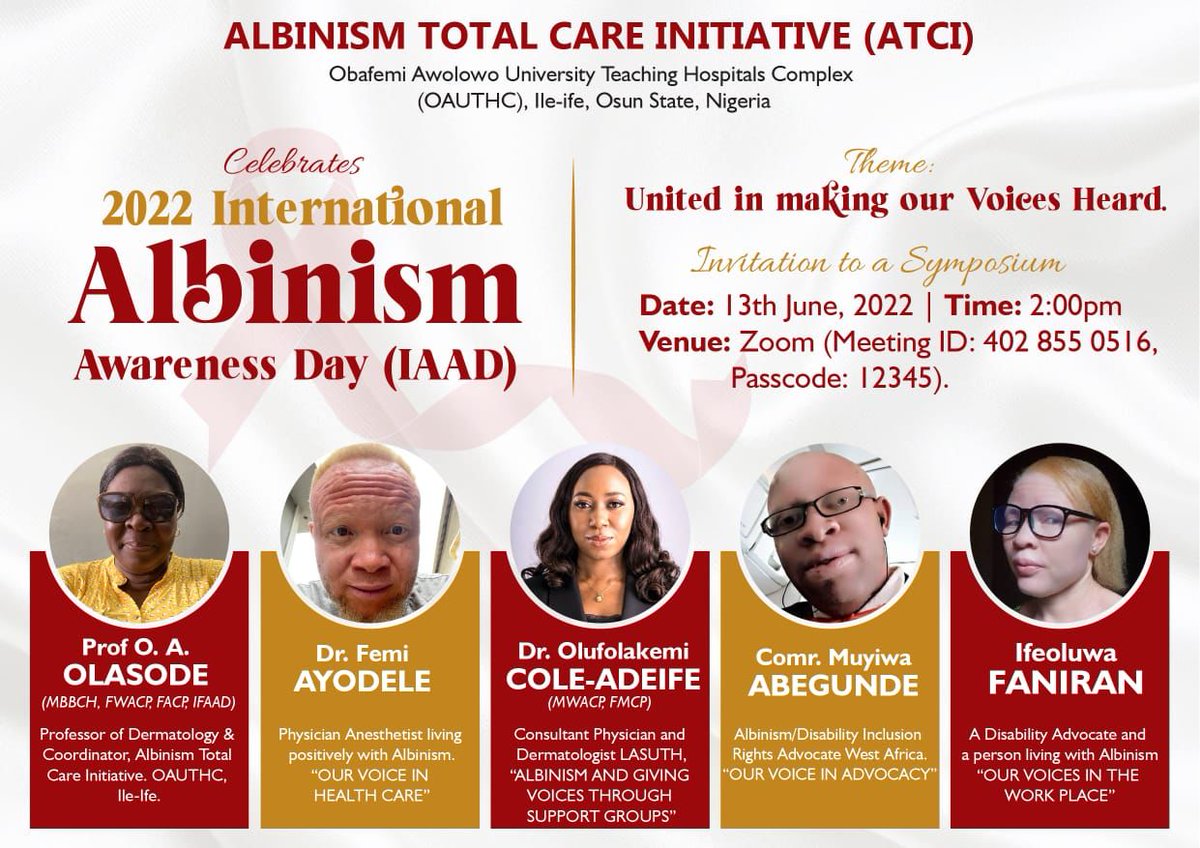 flakydancindoc's tweet photo. June 13 is International #Albinism Awareness day! The Albinism Total Care Initiative OAUTHC, Ife will be hosting this webinar tomorrow June 13 by 2pm. Please join the conversation!  #unitedinmakingourvoicesheard 
#albinismawarenessday https://t.co/VowH9lxMYO