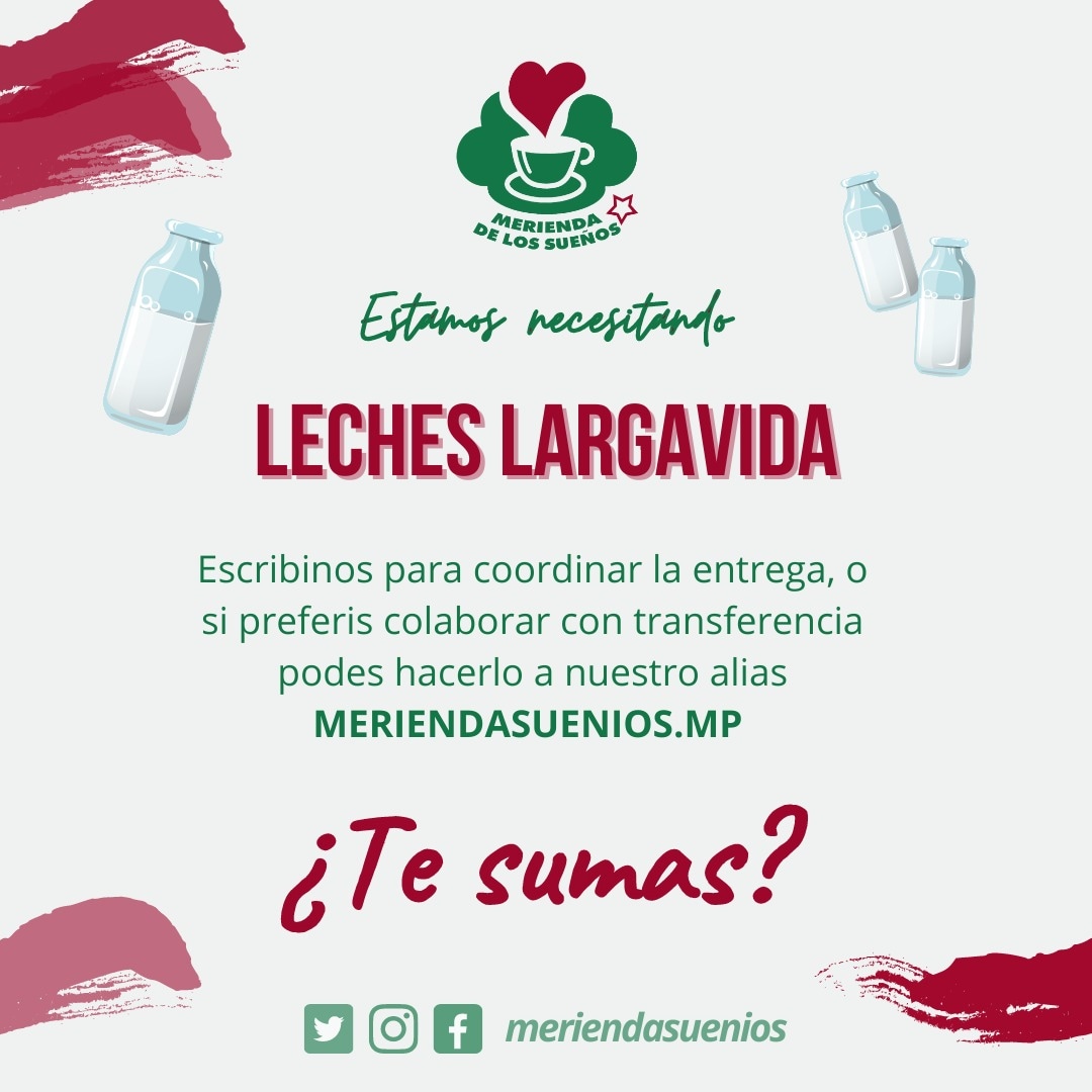 🔻Estamos necesitando:

Packs de LECHE LARGAVIDA para lxs más peques. 🥛🍼

Podes transferir a nuestro alías MERIENDASUENIOS.MP o acercar tu donación a
📍Valentín Gómez 3332 en los siguientes días y horarios 🕒

🔹DE LUN A VIER de 16 a 20hs
🔹DOM de 17 a 20hs