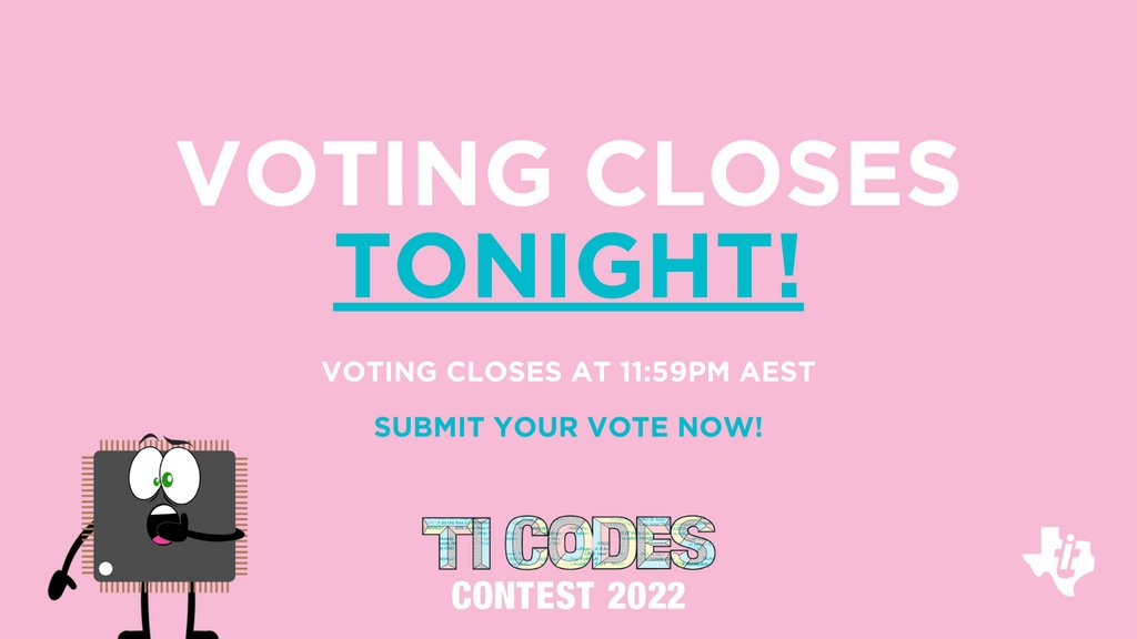 ticalculatorsau's tweet photo. VOTING CLOSES TONIGHT!

Head over to our website and make your vote COUNT!

Grab your friends and family and make sure they have all voted for the best solution to help us chose who should take home the 2022 Code Contest Winner title.

Head to https://t.co/Ob7fC7ArAL to vote! https://t.co/eJDwU0UcNl