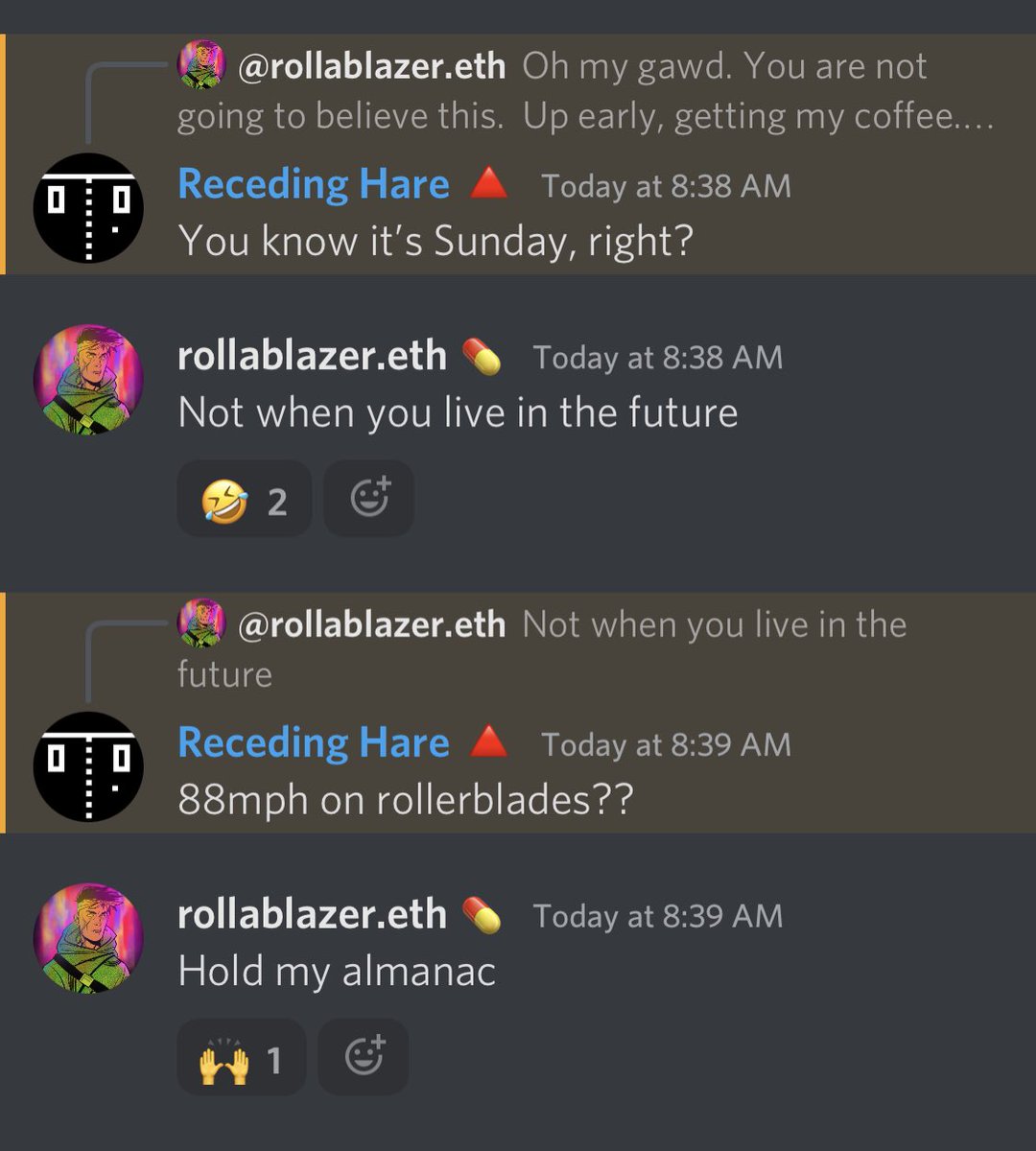 rollablazer's tweet photo. Living in the future has its perks.
#timetravel #rollerblades #flinchmob #snugglers #BackToTheFuture #holdmyalmanac
@DrugReceipts @FlinchNFT @UniversalPics #flinchfranchise https://t.co/pHWZa2smge