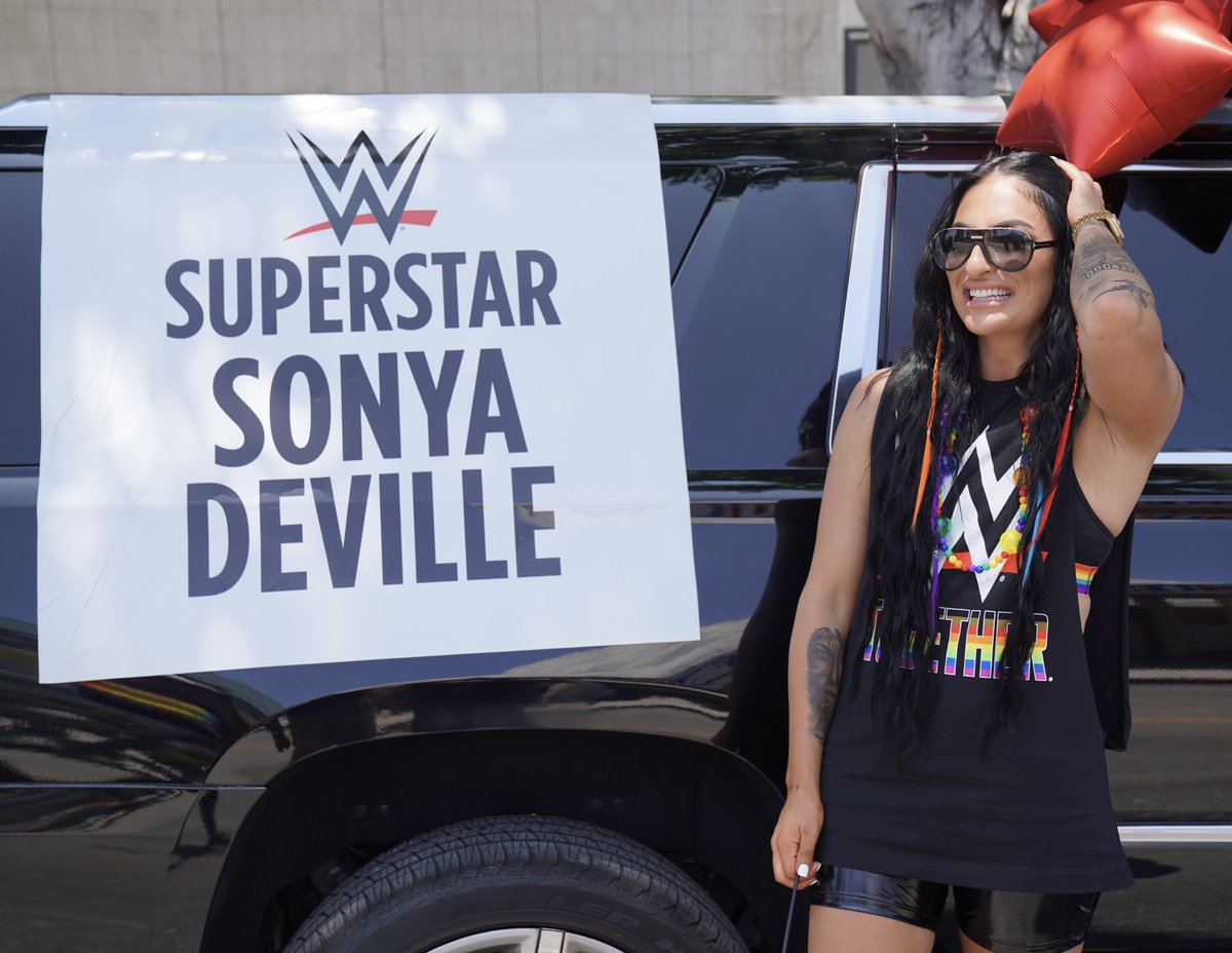 WWE's tweet photo. WWE Superstar @SonyaDevilleWWE was all smiles at the LA Pride Parade. 

#LAPride2022 https://t.co/8hGDB21W7g