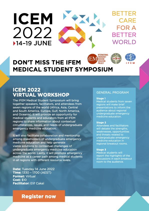 We are looking forward to having you in the symposium to share all of your perspectives and experiences regarding undergraduate EM education. Only 24 hours more to go. You can register at buff.ly/39KGvZO for 10 AUD. @IFMSA @ISAEM13 @WHO @asmeofficial @acgme