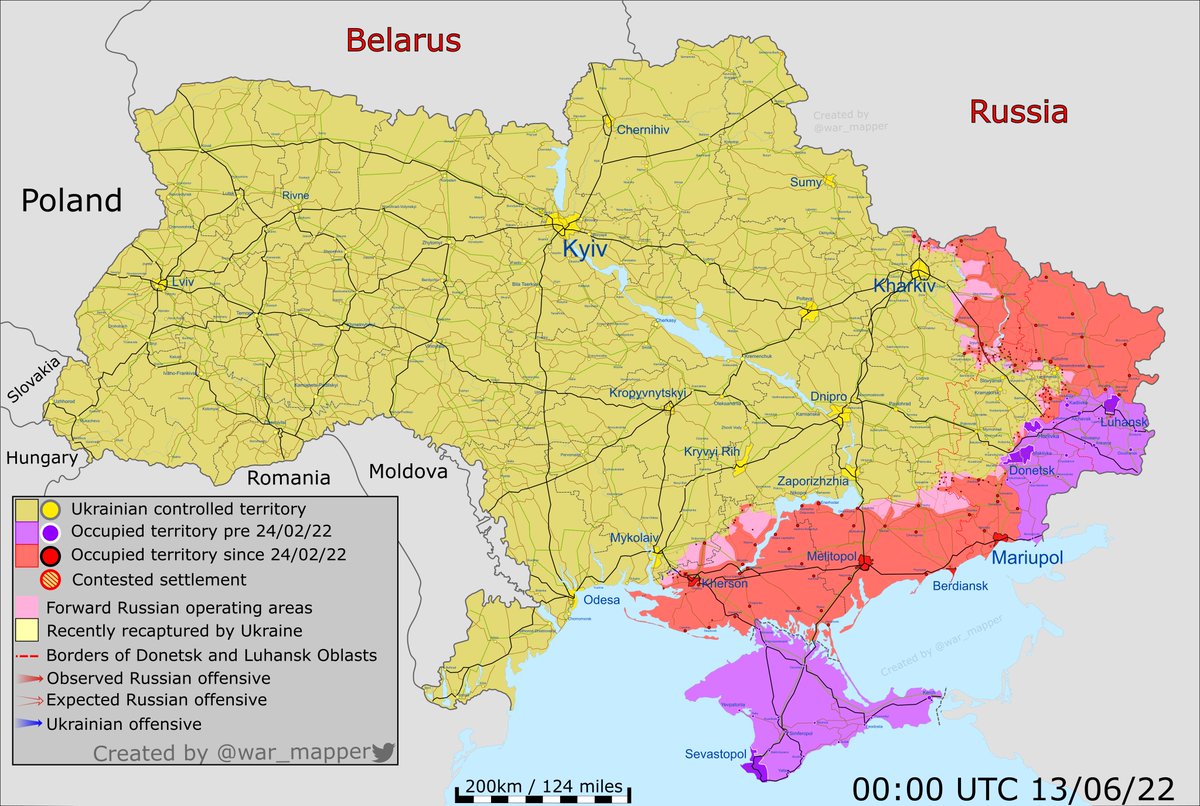 Карта боевых действий: Карта боевых действий в Украине. 13 июня 2022 год