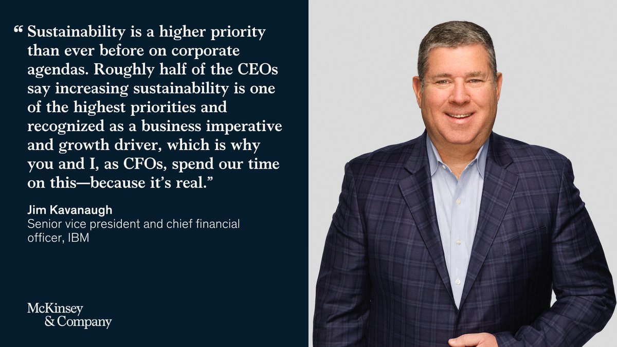 McKinsey's tweet photo. In the current challenging environment, how can CFOs and other business leaders continue to deliver sustainable, inclusive growth? Our colleague Eric Kutcher spoke with @IBM CFO James Kavanaugh for the latest Future of America podcast to find out ➡️ https://t.co/t3ER8KJ0gt https://t.co/dPB5i1blKA