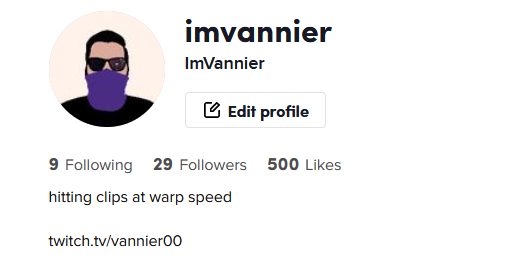 ImVannier's tweet photo. Just broke 500 likes over on #TikTok. I mainly post funny live stream clips of my friends and I over there and been using the experience to learn how to video edit. Go check us out at https://t.co/eeQX9nVrgK and help us break 1k! @ClusiveHex  #smallstreamer #SupportSmallStreamers https://t.co/5iA6UkUpot