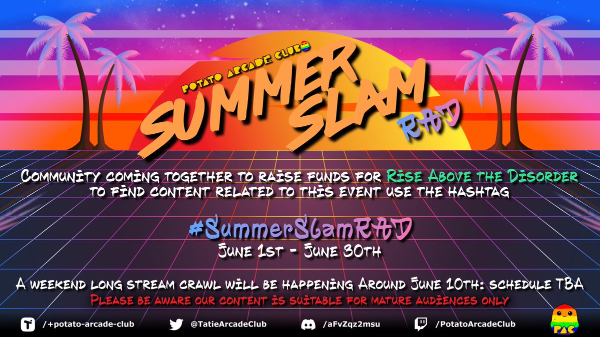 TatieArcadeClub's tweet photo. The 72 hour #StreamCrawl has concluded but we're still fundraising all of June 💝
The afterparty is at @KingWulph who is now live for #mentalhealth #charity
Twitch: https://t.co/ecoL3Z12qB
Tiltify: https://t.co/XwU0VIZxEG
#SummerSlamRAD https://t.co/e4G0kXzM2V
