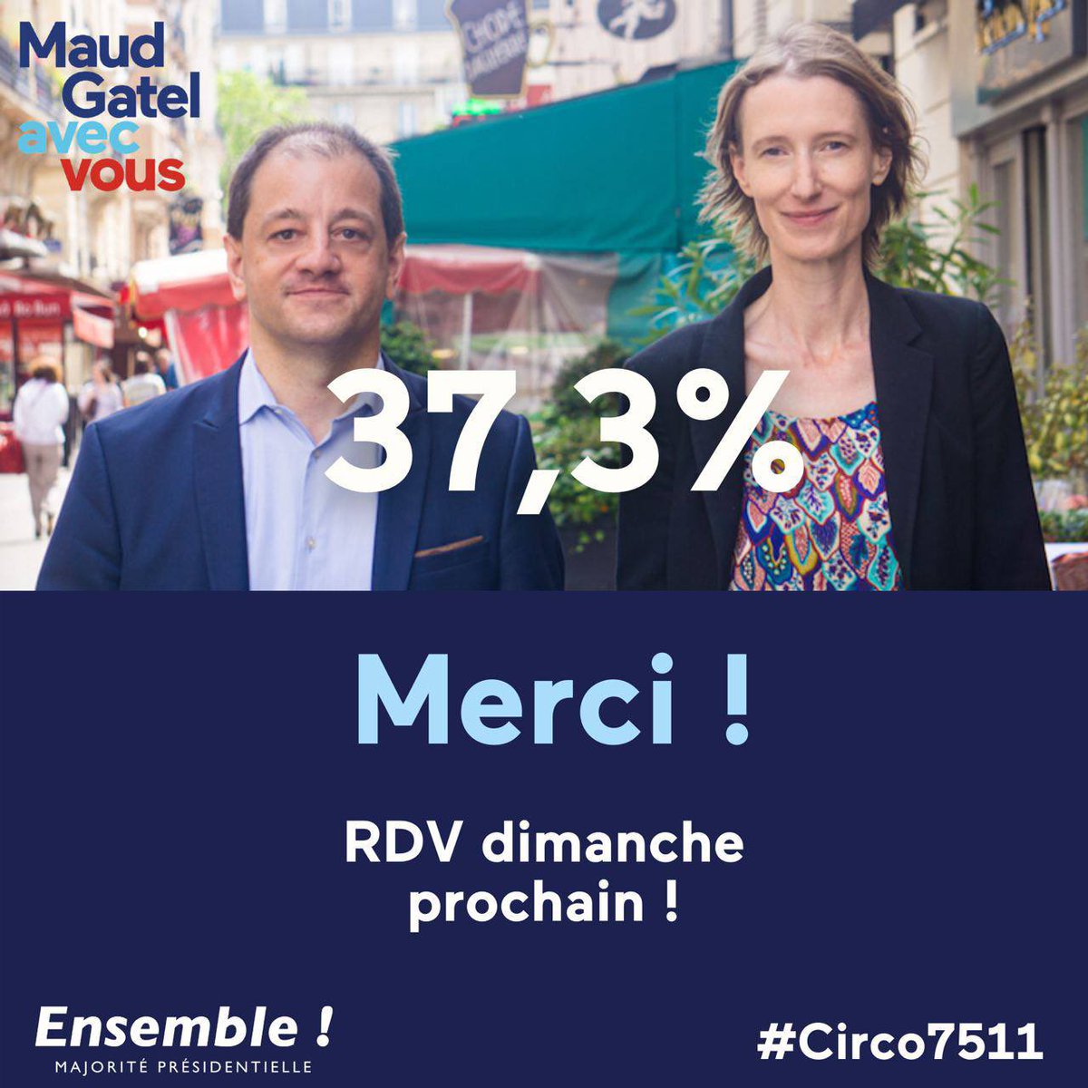 maudgatel's tweet photo. Je remercie tous ceux qui m’ont permis d’être qualifiée au 2nd tour pour porter à nouveau leur voix.

Le 19 juin, les électeurs de la #circo7511 devront choisir entre un projet d’instabilité et un projet d’espoir et de progrès que je porte aux côtés d’@EmmanuelMacron.

#Ensemble! https://t.co/WqFXR9uiAG