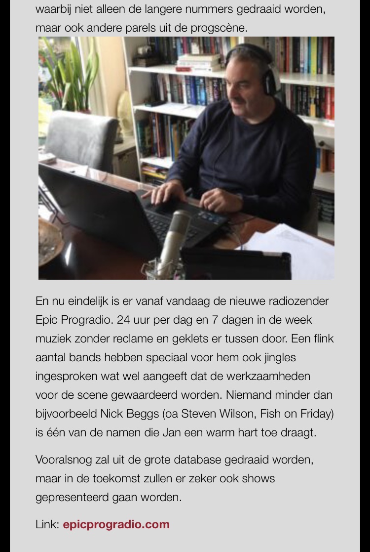 rush48's tweet photo. Great review from Wouter van Hal about my new radio station Epic Prog Radio witch goes online today. (is in dutch)
https://t.co/61SFlQn4XO
#progressiverock #progrock #symfo #newradiostation @io_pages @Progwereld @ProgGears @baddogpromo
https://t.co/GgVQnwJZXk https://t.co/8Ltew8k2cG