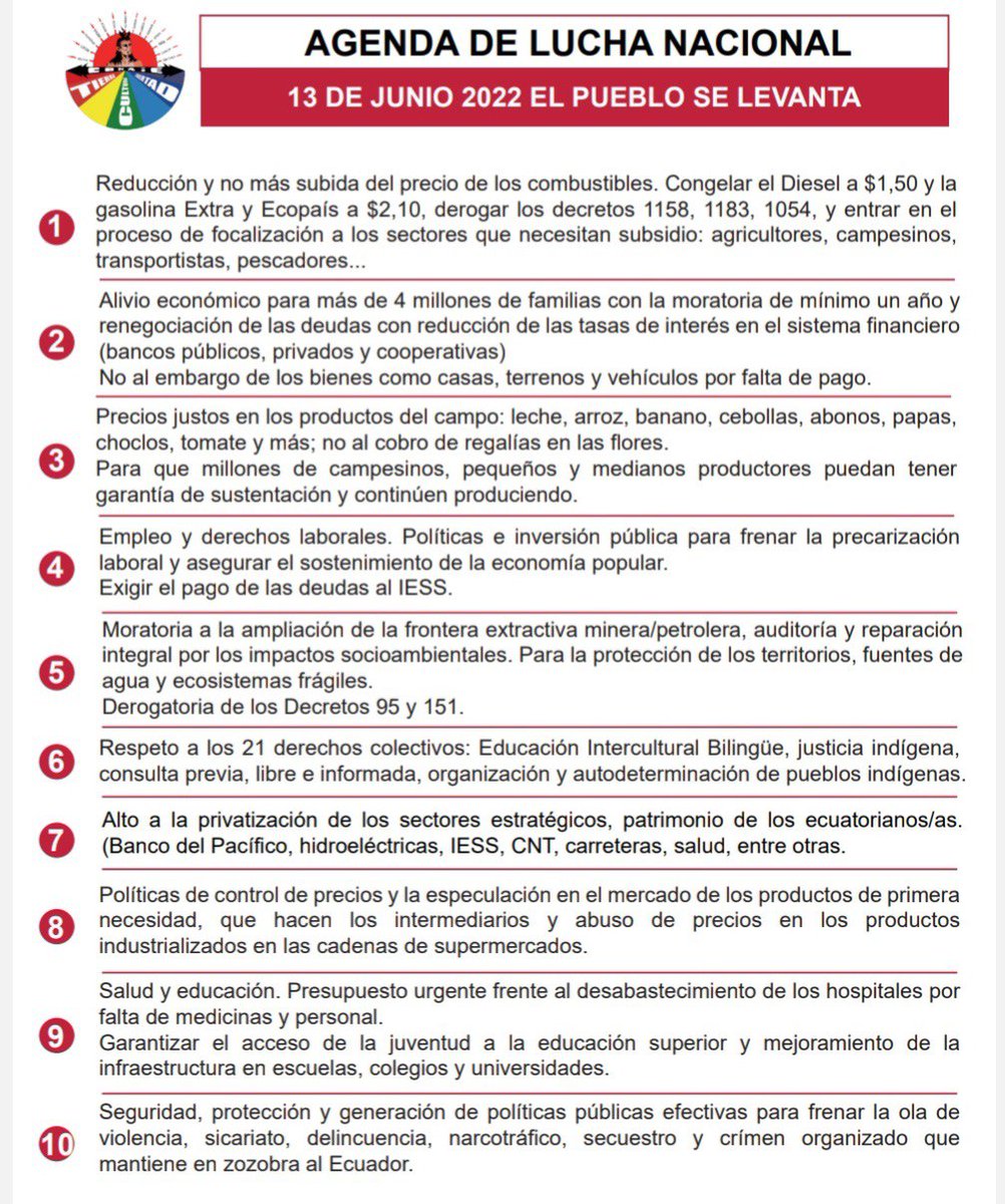 LaAuroraTV_'s tweet photo. 🔴#ATENCION ⌨️📲🇪🇨
#URGENTE
La @CONAIE_Ecuador expuso las 10 razones por las que saldrán a las movilizaciones anunciadas en todo el país, este 13 de junio del 2022.
Ver👇
#ParoNacional #Ecuador #Guayaquil #Daule #samborondón #Quito #Cuenca #Manabi https://t.co/FZy4uFXb0m