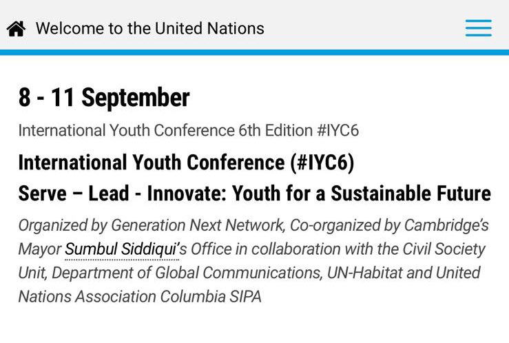 6th Edition of International Youth Conference <a href="/IYCForYouth/">International Youth Conference - IYC</a> announced 8 - 11 September, 2022 ahead of 77th session of UN General Assembly #IYC6

Registrations go live tomorrow! 

@MayorSiddiqui <a href="/CambMA/">City of Cambridge</a> @UNDGC_CSO @unhabitatyouth <a href="/ColumbiaSIPA/">Columbia | SIPA</a> 

Details: un.org/en/civilsociet…