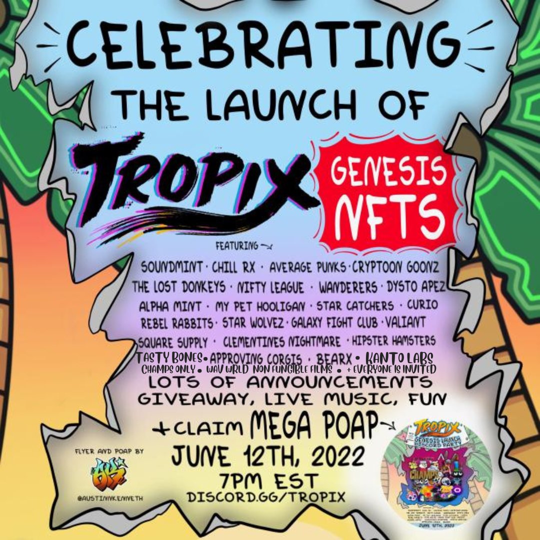 TropixOfficial's tweet photo. The Tropix Genesis NFT launch Party is NOW LIVE!
https://t.co/zGTk24PwSo

5 Hours, 20+ Communities, 5+ Performers, 10+ Giveaways, Good Vibes, Positivity, MEGA POAP!

Join The Fun! https://t.co/GE4EN8f6A6