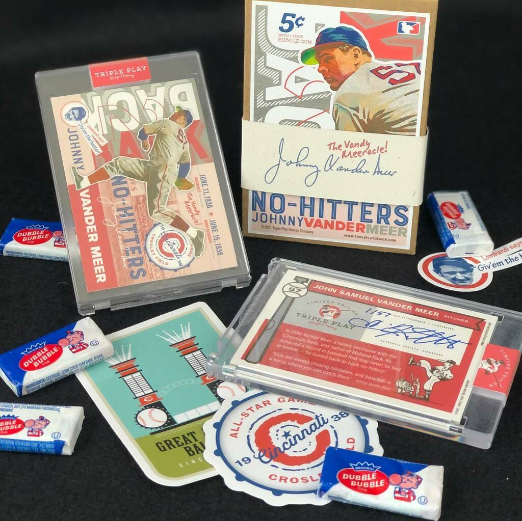emkittel's tweet photo. Still available! Celebrating the first of Johnny Vander Meer’s double no-hitters on June 11, 1938!
.
.
.
.
#tripleplaydesign #baseball #baseballcards #cardart #cardartist #design #illustration #reds #vandermeer https://t.co/8ZDUNgLu7A https://t.co/eurrufmIoq