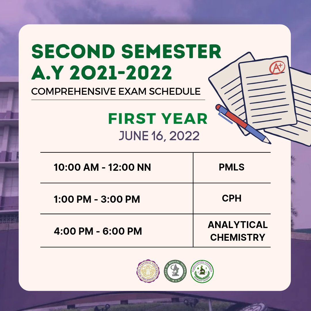 mcumedtechsc's tweet photo. MTSC ADVISORY [005]
RE: Comprehensive/Final Exam Schedule (2nd semester)

1ST YEAR &amp; SECOND YEAR

We wish you all the best on your exams, Katusok!
Passing scores cutie! 💚🤞🏻💜

#CentralinoMedtech
#CMTRiseAboveAll https://t.co/jrWYSnqx6T