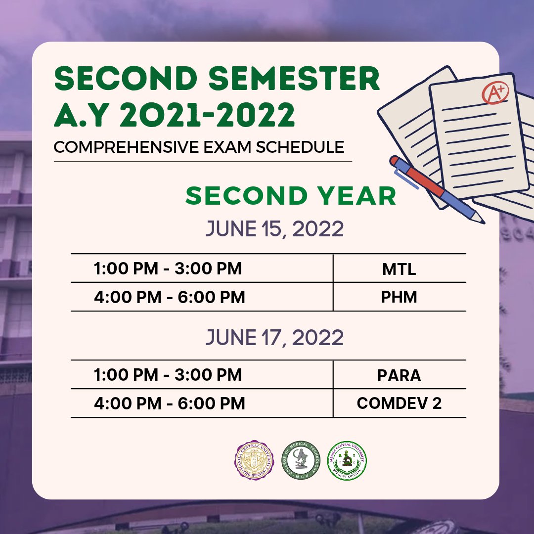 mcumedtechsc's tweet photo. MTSC ADVISORY [005]
RE: Comprehensive/Final Exam Schedule (2nd semester)

1ST YEAR &amp; SECOND YEAR

We wish you all the best on your exams, Katusok!
Passing scores cutie! 💚🤞🏻💜

#CentralinoMedtech
#CMTRiseAboveAll https://t.co/jrWYSnqx6T