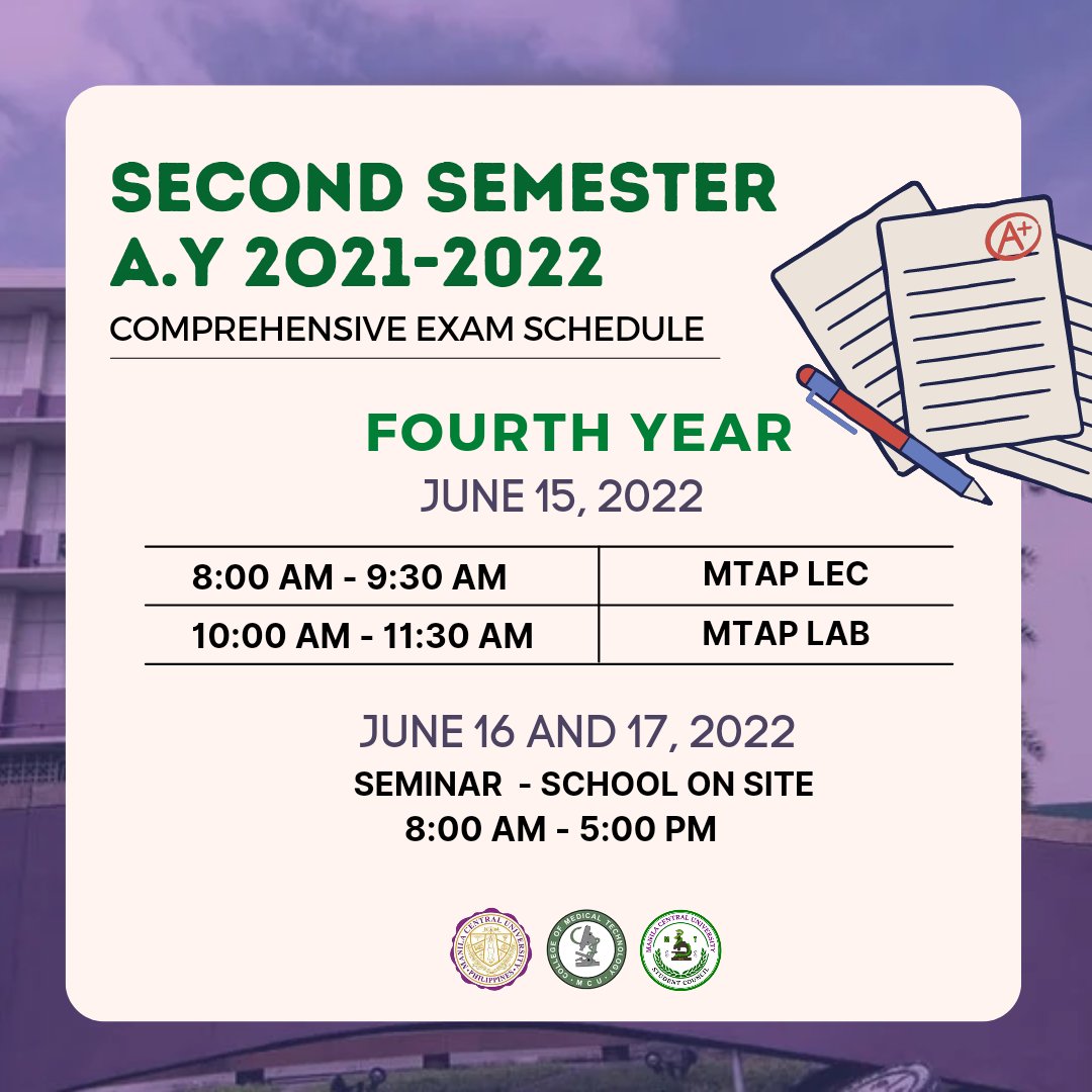 mcumedtechsc's tweet photo. MTSC ADVISORY [005]
RE: Comprehensive/Final Exam Schedule (2nd semester)

THIRD YEAR &amp; FOURTH YEAR

We wish you all the best on your exams, Katusok!
Passing scores cutie! 💚🤞🏻💜

#CentralinoMedtech
#CMTRiseAboveAll https://t.co/xX9ftAJtsb