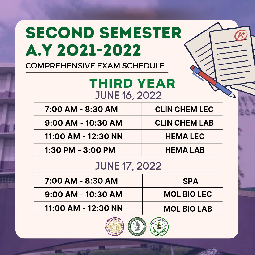mcumedtechsc's tweet photo. MTSC ADVISORY [005]
RE: Comprehensive/Final Exam Schedule (2nd semester)

THIRD YEAR &amp; FOURTH YEAR

We wish you all the best on your exams, Katusok!
Passing scores cutie! 💚🤞🏻💜

#CentralinoMedtech
#CMTRiseAboveAll https://t.co/xX9ftAJtsb