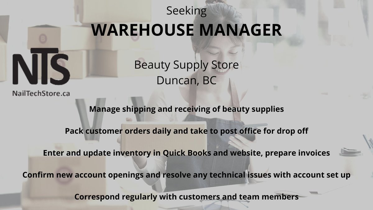 miragespa's tweet photo. Please email warehouse@nailtechstore.ca for this .50-.75 FTE position!  Hiring NOW!!
@nailtechstore #nailtechstore #beautysupply #duncanbc #miragespaeducation #nailtechnology #esthetics #spatherapy #warehouse #vancouverisland https://t.co/ZvucPK7Alo