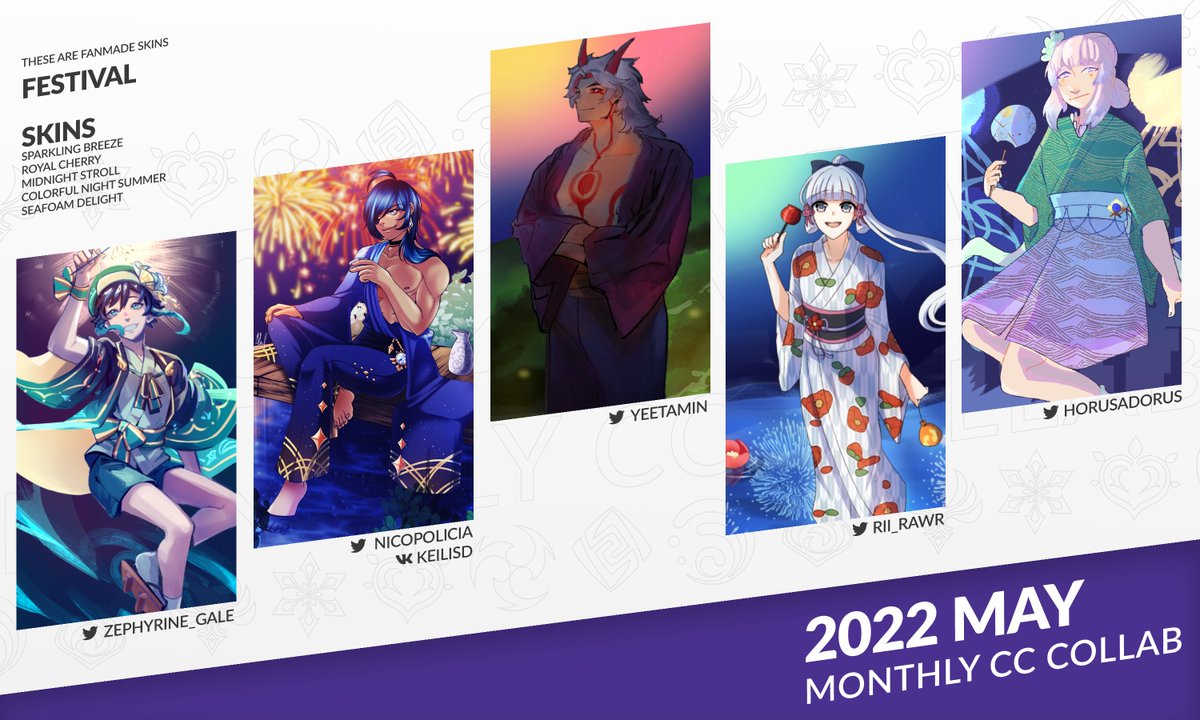 monthly_cc's tweet photo. fresh new summer skins hit the runway! please check out all of the participating artists <3
#genshinimpact #原神 https://t.co/tDfVdxpqCW