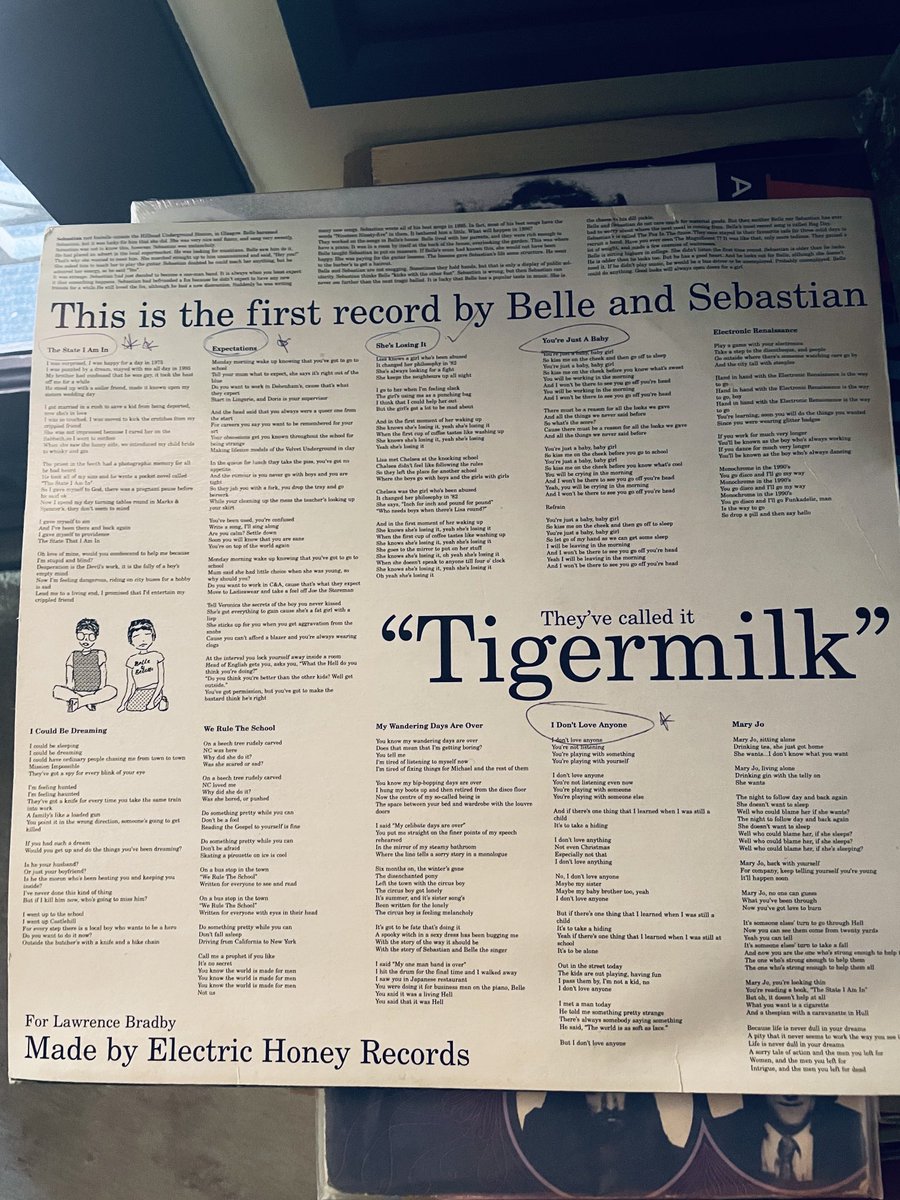 nee_massey's tweet photo. Mandy Stein sent me this picture of her dad, Seymour’s copy of Tigermilk. He was so on it, he was at one of our first meaningful gigs, Cafe Soma in Glasgow, August 1996. He marked his favourite tracks which is cute! https://t.co/0tcCCxjE1C