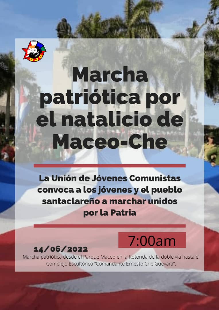 HermesDeCuba's tweet photo. A los jóvenes santaclareños los convocamos a una nueva cita con la Patria. 
En tiempos difíciles es cuando más necesario son el ejemplo #MaceoYChe ratificando que nuestro camino es el de Baraguá y la continua formación del hombre nuevo.
#Cuba 🇨🇺 #CubaSiBloqueoNo #VamosConTodo https://t.co/FJu6wwatF2