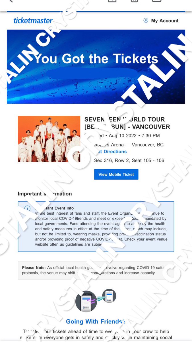 CRYSTALLLLIN29's tweet photo. Selling: 2 X Seventeen Vancouver tickets 
🔹Aug 10 19:30 Rogers Arena
🔹Sec 316, Row 2, Seat 105 &amp; 106
🔹Seats are close to the centre
They are “Offical Platinum Seats”, but I’m selling them lower
🔹$250 ea $450 for 2
🔹DM for more details 
#SEVENTEEN  #seventeenworldtour #CARAT https://t.co/sO66Z4Gn1l