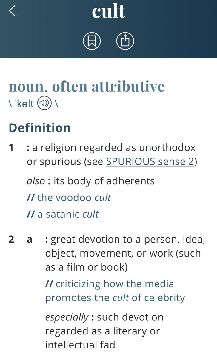PaigeK_07's tweet photo. Definition of a #cult according to @MerriamWebster. I know I mention the word a lot. Below is the definition I use. Society often looks down on #cults &amp; #newreligiousmovements. I don’t. I’m a firm supporter of the First Amendment - freedom of religion. https://t.co/4BTUpxOtgk