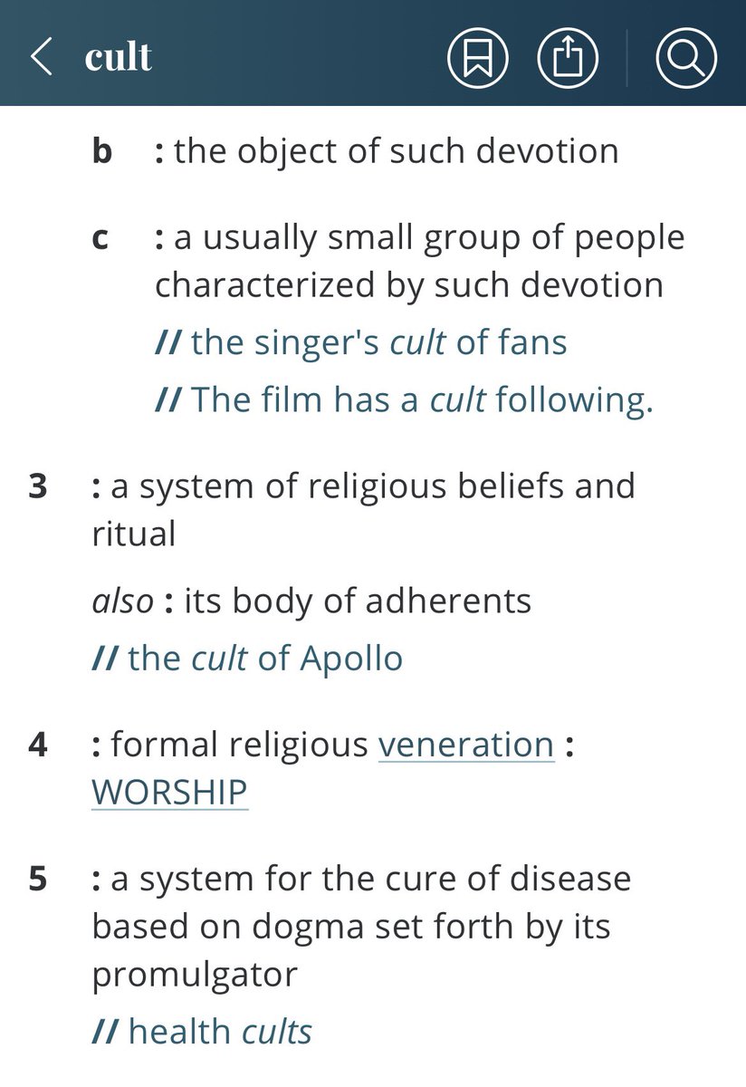 PaigeK_07's tweet photo. Definition of a #cult according to @MerriamWebster. I know I mention the word a lot. Below is the definition I use. Society often looks down on #cults &amp; #newreligiousmovements. I don’t. I’m a firm supporter of the First Amendment - freedom of religion. https://t.co/4BTUpxOtgk