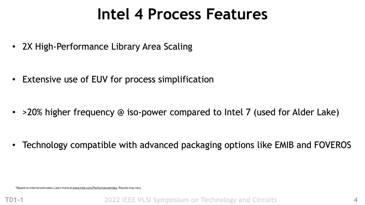 aschilling's tweet image. The Embargo on #Intel4 at the @VLSI_2022 lifted. The key points are:

- 2x HP-lib scaling
- &amp;gt; 20% higher freq @ ISO power vs. #Intel7
- designed for #EMIB and #FOVEROS

But there is way more ...

hardwareluxx.de/index.php/news…
