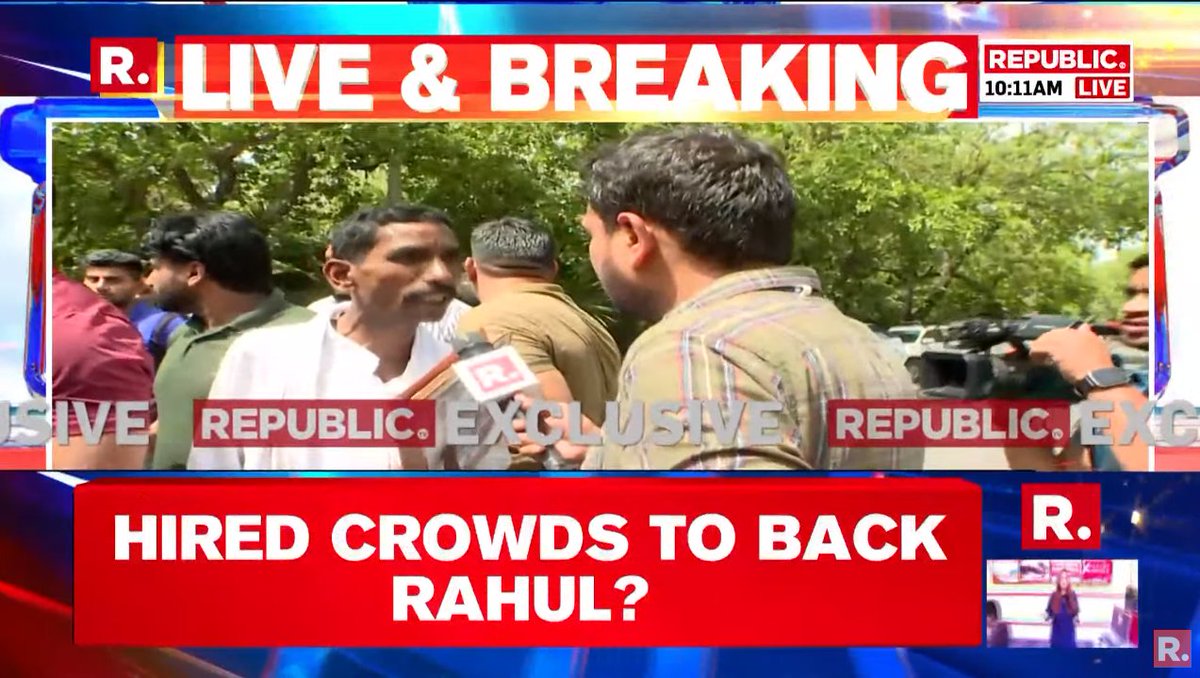 republic's tweet photo. #BREAKING | We are here to meet him (Rahul Gandhi). We don't know anything about the case. Pradhan Elections are coming, that is why we are here to meet him: 'Protester' unaware of corruption case against Rahul Gandhi
https://t.co/RPZO38FTcw https://t.co/fSIqpw2Js1