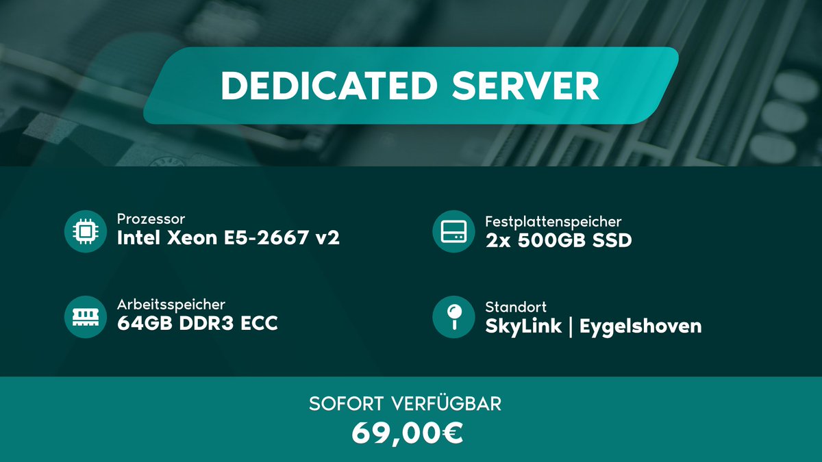 AlveonIo's tweet photo. PrePaid 🚀 Dedicated Server

➤ Prozessor: Intel Xeon E5-2667 v2
➤ Arbeitsspeicher: 64GB DDR3 ECC
➤ Festplattenspeicher: 2x 500GB SSD

Jetzt zuschlagen für nur 69€

➥ https://t.co/RNOmuDVAVJ https://t.co/EVTbTJClch