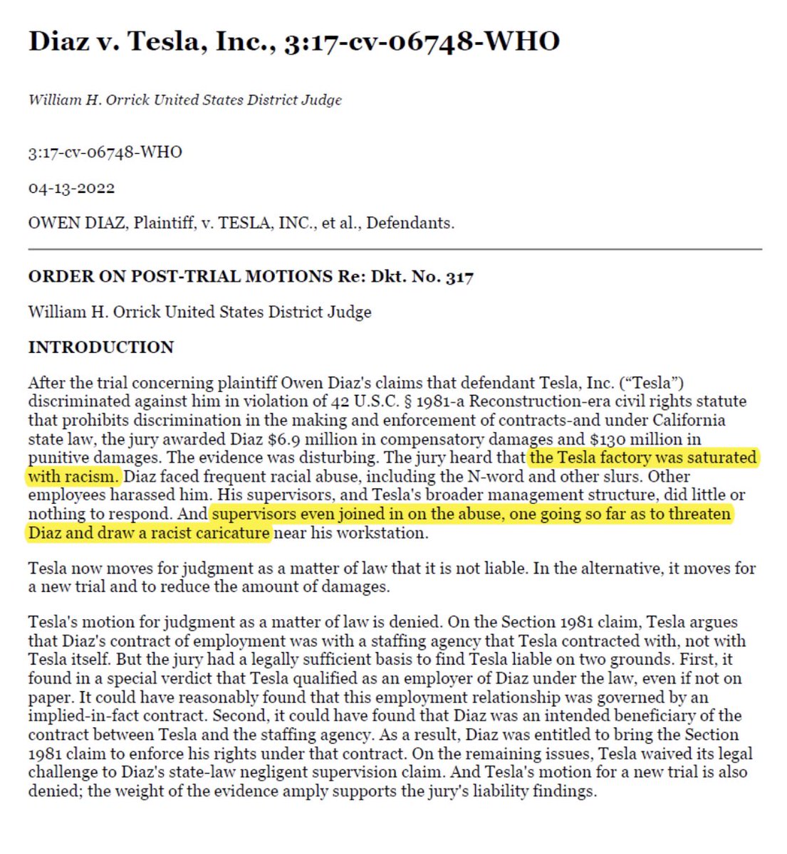 PatternAsProof's tweet photo. #California #DFEH Context

Tesla is a good case study for how few complaints *may* correspond to widespread discrimination. In DIAZ v TESLA (2017), a jury found &amp; a judge confirmed on appeal that ‘the Tesla factory was saturated with racism.’ https://t.co/WGiqvy8luo