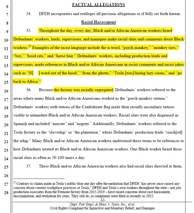 PatternAsProof's tweet photo. #California #DFEH Context

In DFEH v TESLA (2022), @calDFEH alleges after a 3yr investigation that ‘…the factory was racially segregated.’ And ‘[t]hroughout the day, every day’ Tesla’s workers &amp; managers ‘make racial slurs and comments about Black workers.’ https://t.co/8NT8NoiWS5