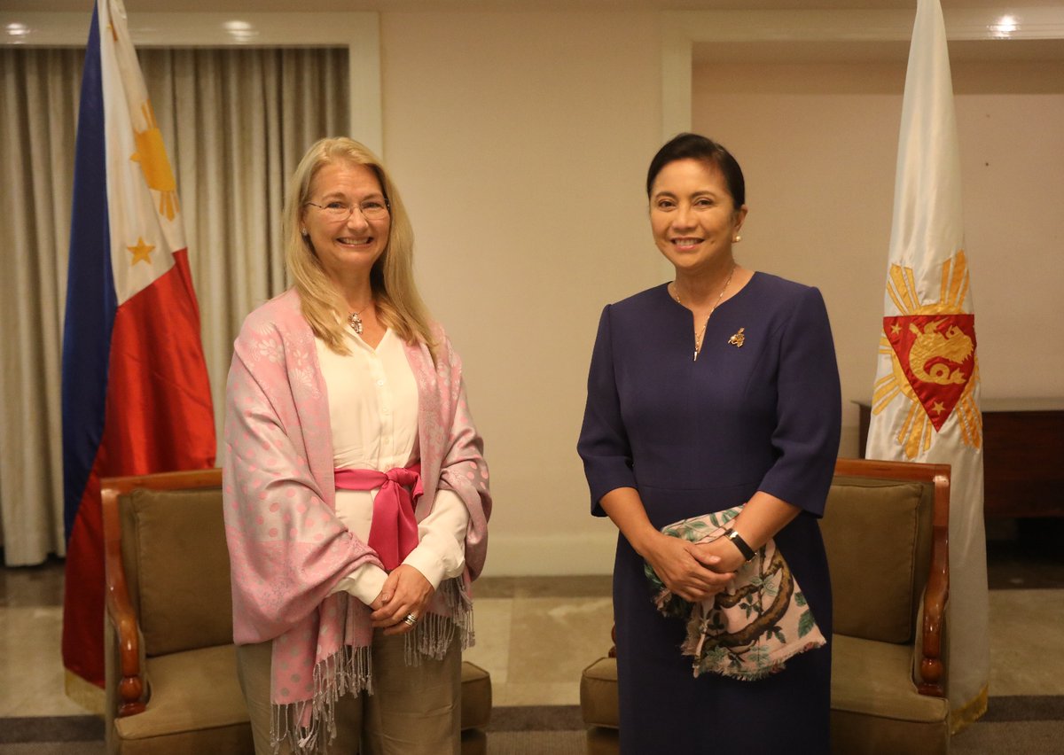 rapplerdotcom's tweet photo. LOOK: VP Leni Robredo welcomes Swedish Ambassador  to the PH Annika Thunborg in her office in QC, where they discussed Sweden's support to various OVP projs, like temporary shelters for frontliners, vaccines, household items for the Angat Buhay Village in Marawi. | @maracepeda https://t.co/cL7jSHTLAs
